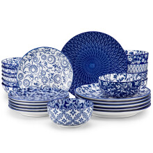 vancasso Selene Plates and Bowls Set, 24 Pieces Vintage Blue Porcelain Dinner Sets for 6 People Scratch Resistant Dinnerware Sets Crockery Set,