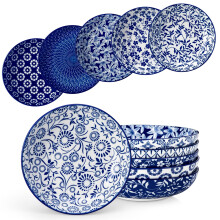 vancasso Selene 8.5" 40 oz Pasta Bowls Set of 6, Large Porcelain Salad Bowls, Kitchen Ceramic Serving Bowls Pasta Plates, Blue & White Floral Design,