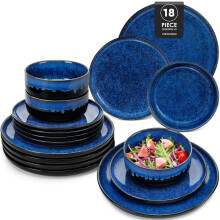 vancasso Dinner Set, Starry Plates and Bowls Set for 6, 18 Piece Reactive Glaze Blue Plate Set for Kitchen, Include Dinner Plates, Dessert Plates and