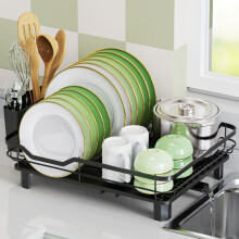 Rottogoon Dish Drainer Rack Black Space-Saving with Drip Tray Sink Dish Drainer with Drainage Spout Stainless Steel Dish Drying Rack with Cups Utensil
