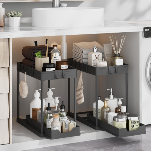 Meltrck Under Sink Storage 2 Pack, 2 Tier Pull Out Cabinet Organizers for Kitchen, Bathroom Organization