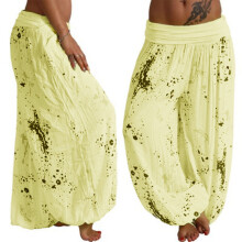 Spodnie palazzo dla kobiet, spodnie baggy hippie boho z wysokim stanem, spodnie damskie z nadrukiem i luźnymi nogawkami, żółte, codzienne
