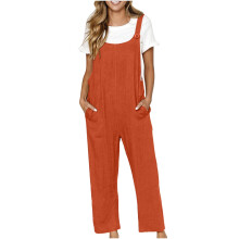 Damski, swobodny, letni kombinezon, bez rękawów, na cienkich ramiączkach, z bawełny i lnu, z kieszeniami