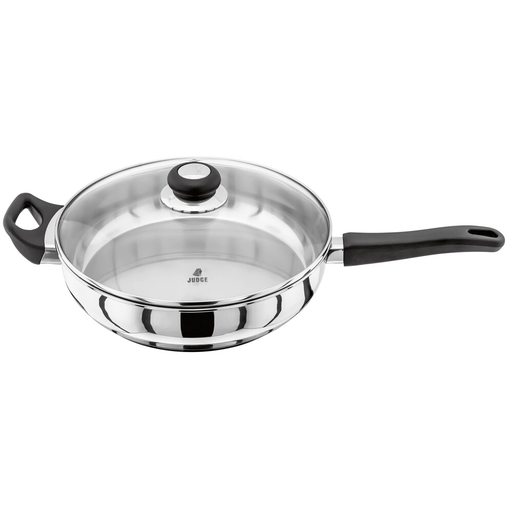 New Judge Vista Stainless Steel Large Saute Pan With Helper Handle 28Cm, Shatterproof Vented Glass Lid, Induction Ready, Oven Safe Jj24