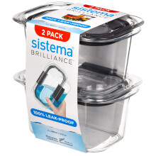 Sistema Brilliance Leakproof Food Storage Container, Stain and Odour Resistant, Microwave Steam Vents, 380 ml, BPA-Free, Black Clips, Clear/Grey, 2