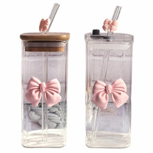 Adorables gobelets en verre rose à nœud avec couvercles et pailles, 400 ml/13,5 oz, pour café glacé – Design preppy girly, cadeaux pour femmes