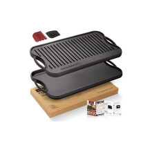 OVERMONT Pre-Seasoned Cast Iron Reversible Griddle Grill Pan with Handles for Gas Stovetop Open Fire Oven, 43.18 * 24.89CM (17x9.8) - One Tray,