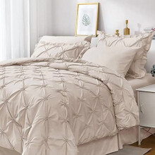 Beige Cal King 7-Pc Comforter Set with Pintuck Design, Sheets, Ruffled Shams & Pillowcases