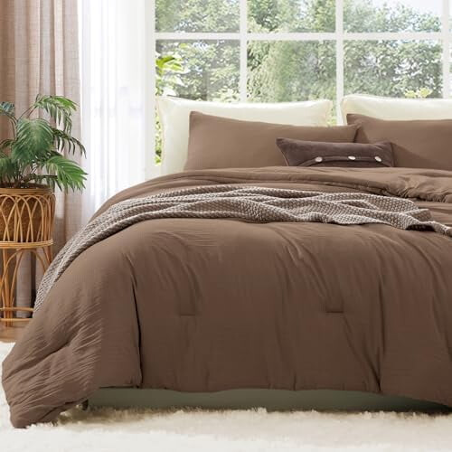 Queen Comforter Set Brown Prewashed Soft Lightweight 3-Piece