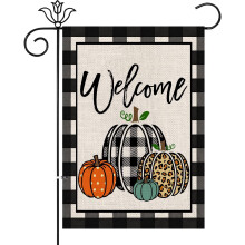 Herbstliche Gartenflagge Büffelkaromuster Kürbis Willkommen 12,5 x 18 Zoll