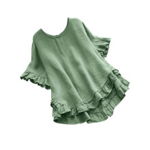 VERUGU Blusa túnica informal de manga corta para mujer con volantes y botones, cuello redondo, de algodón y lino, color liso, corte holgado y