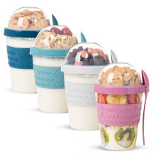 EYNEL 4 Pack On The Go Cereal Yogurt Cups with Lids and Spoon, Overnight Oats Container, Reusable Parfait Plastic Milk Pot Breakfast Crunch Granola