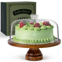 ANBOXIT Cake Stand with Dome Lid, Acacia Wood Cake Plate with Cover, Wooden Cake Display Stand with Acrylic Dome ( Footed )