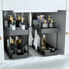 DEKAVA Under Sink Storage 2 Pack, 2 Tier Sliding Organiser, Multi-Purpose Shelf Organiser, Pull Out Cabinet Basket Drawer (Black)
