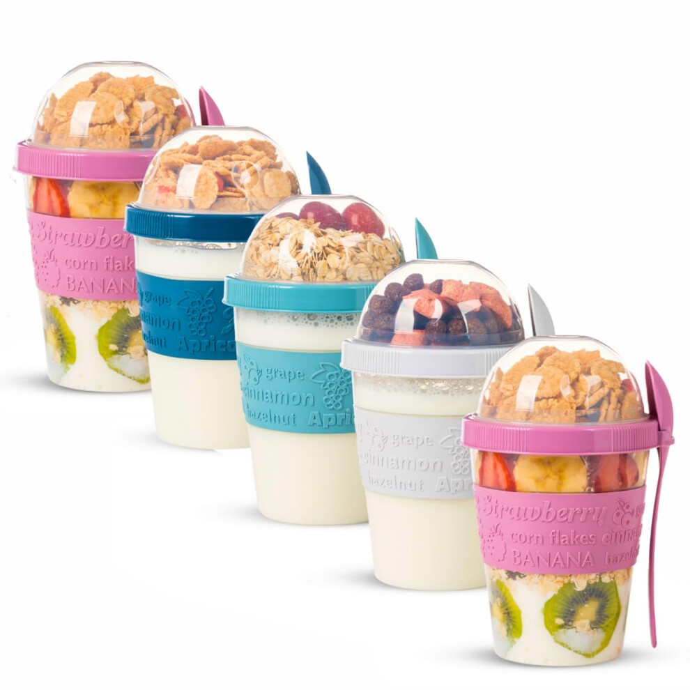 4 Pack On The Go Cereal Yogurt Cups With Lids And Spoon, Overnight Oats Container, Reusable Parfait Plastic Milk Pot Breakfast Crunch Granola Eynel