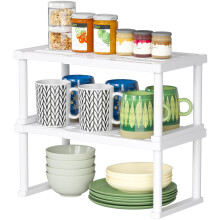Lifewit Cupboard Shelf Organiser, Expandable Countertop Kitchen Shelves, Plastic Shelf Riser for Pantry Kitchen Storage and Spice Rack, Set of 2,