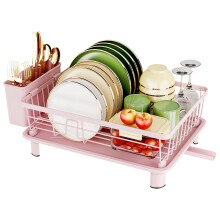 GHERISN Dish Drainer Rack with Drip Tray, Sink Dish Drainer with Drainage Spout, Stainless Steel Dish Drying Rack with Cups, Utensil & Cutting Board