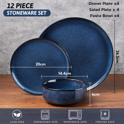 HaWare Dinner Set, 12 Piece Stoneware Dinnerware Service for 4, Reactive Glaze Dining Ware Include Plates and Bowls, Chip and Scratch Resistant, 1