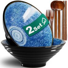 8-Inch 2 Sets Ceramic Ramen Bowl (8 Piece) - Japanese Porcelain Dishwasher Microwave Safe Salad Noodles Cereal Pasta Soup Large Bowls with Chopsticks