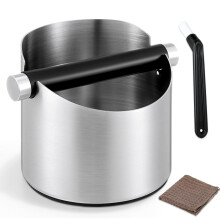 ISHEWUDU Coffee Knock Box with Brush, Stainless Steel Coffee Grounds Bin - Small Espresso Knock Box, Non-Slip Base, Large Capacity Coffee Waste