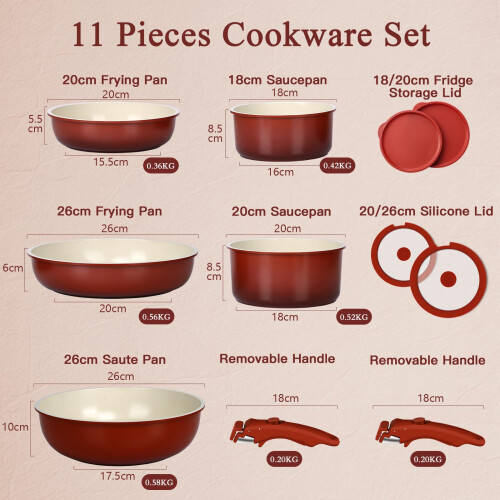 GiPP 11Pcs Pots and Pans Set with Detachable Handle, Pans Set with Ceramic Non-Stick Coating, Induction Stackable Cooking Pots Set, Mobile Cookware 1