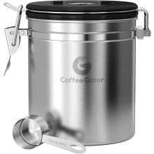 Coffee Gator Coffee Canister Airtight 1300 mL, Stainless Steel Kitchen Food Storage Container with Date Tracker, CO2 Valve, Scoop for Grounds Coffee,