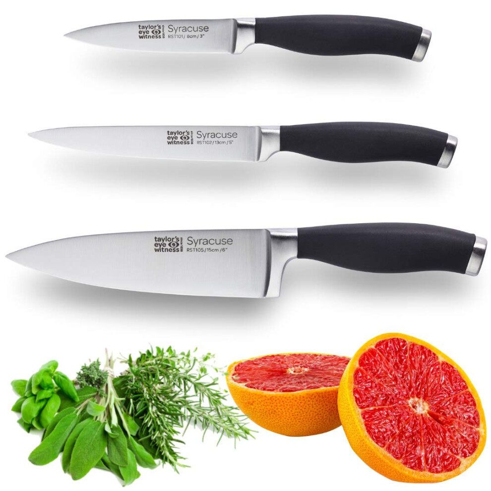 Taylors Eye Witness Syracuse Kitchen Knife 3Pce Set - Paring 9Cm/3.5?, Chefs 15Cm/6? & Cooks All Purpose 13Cm/5? Cutting Edge. Ultra Fine, Razor Sharp