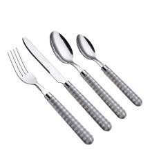 EXZACT Cutlery Set of 24, Stainless Steel with Gingham Check Coloured Handles - 6 x Forks, 6 x Dinner Knives, 6 x Table Spoons, 6 x Tea Spoons(Grey x