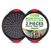 NutriChef 2-Pc. Non Stick Pizza Tray - with Silicone Handle, Round Steel Non-Stick Pan with Perforated Holes, Dishwasher Safe, Pizza Tray with