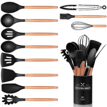 12 PCS Kitchen Utensil Set, Silicone Cooking Utensils with Holder, Natural Wooden Handle Cookware Tongs Spatula Spoon Set, Non Stick & Heat Resistant,