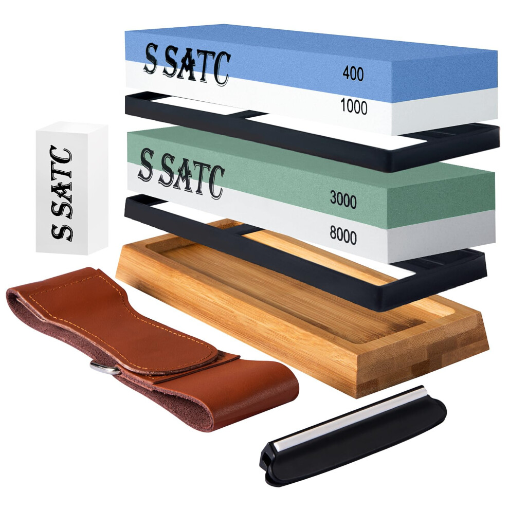 Satc Sharpening Stones For Kitchen Knives 400 1000 3000 8000 Grit Whetstone Knife Sharpener With Non-Slip Wood Base, Flattening Stone, Angle Guide And 5051223111771