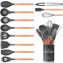 12 PCS Kitchen Utensil Set, Silicone Cooking Utensils with Holder, Natural Wooden Handle Cookware Tongs Spatula Spoon Set, Non Stick & Heat Resistant,