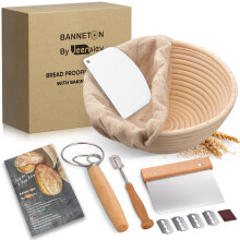 Jeensley Boxed Sourdough Starter Kit Bread Proofing Basket with Leaflet Round Banneton with Liner and Bread Making Tools Handmade from Quality Natural