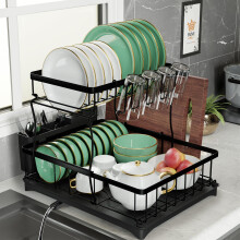 PRIME FEEL 2 Tier Dish Drainer Rack, Rustproof Dish Drying Rack for Kitchen Countertop, Draining Board Rack with Drip Tray, Cutlery Drainer, Glass