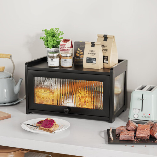 BAMBANG Bamboo Bread Bins for Kitchen, Wooden Bread Box Storage Container Box with 3 Sides Wavy & Back Clear Window, Large Breadbin Breadbox for 2
