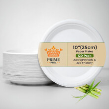 PRIME FEEL 10 Inch Disposable Paper Plates (120 Pack) - 100% Compostable Sugarcane Plates, Heavy-Duty & Eco-Friendly for Parties, Events, BBQs,