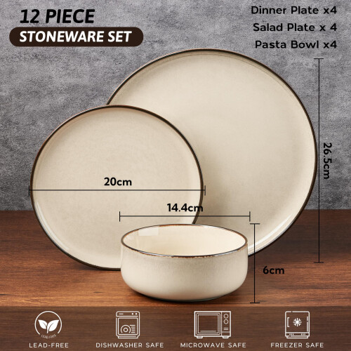HaWare Dinner Set, 12 Piece Stoneware Dinnerware Service for 4, Reactive Glaze Dining Ware Include Plates and Bowls, Chip and Scratch Resistant, 1