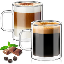 TKNO 2 Pack 400ml Double Walled Glass Mugs ? Insulated Clear Tea & Coffee Cups, Large Borosilicate Glasses with Handles, Heat Resistant Latte, Herbal,