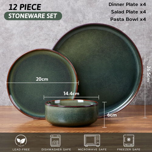 HaWare 12 Piece Dinner Set, Stoneware Dinnerware Service for 4, Reactive Glaze Dining Ware Include Plates and Bowls, Chip and Scratch Resistant, 1