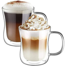 ecooe 2x350ml Double Walled Coffee Glasses Mugs Cappuccino Latte Macchiato Glasses Cups with Handle Borosilicate Heat Resistant Glass Cups for Coffee