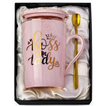 Doublewhale Boss Lady Gifts, Best Boss Gifts for Women, Birthday Gifts for Boss Lady - 14oz Pink Marble Ceramic Coffee Mug - Friend Gifts, Sister