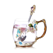 Luka Tech Handmade Enamel Butterfly Flower Glass Coffee Mugs Tea Cup with Spoon,Birthday Gifts for Her Women Mum Friends Valentines Mothers Day