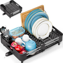 Extendable Dish Drainer Rack, Stainless Steel, Foldable Dish Rack with Removable Cutlery Holder and Anti-Scratch Holder, Adjustable Draining Board
