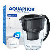 AQUAPHOR Water Filter Jug Amethyst with 3 X MAXFOR+ 200L Cartridge - Capacity 2.8L - Black