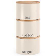 EHC Tea, Coffee, Sugar, Canister Set, Set of 3 Stackable Airtight Food Storage Easy to Open Storage Cansiters Jars Tin, Cream