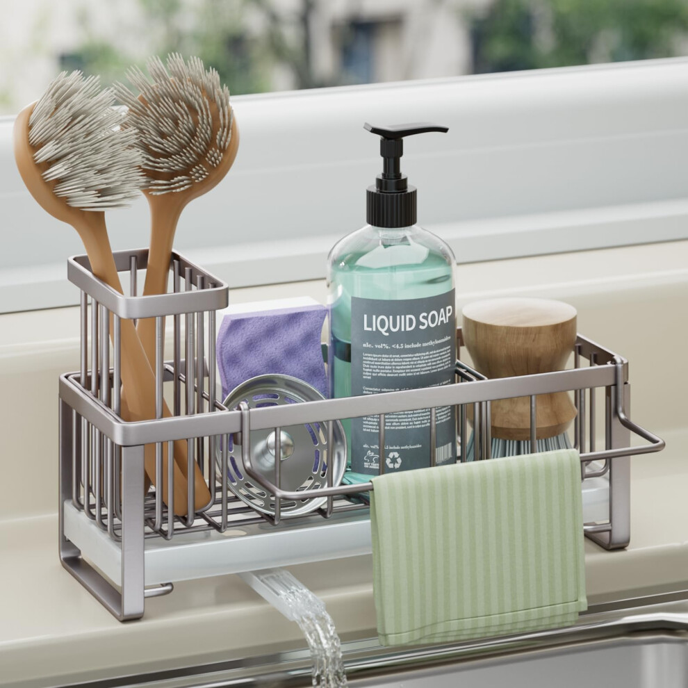 Hapirm Kitchen Sink Caddy - Self-Draining Sponge Holder With Brush And Dishcloth Holder, Stainless Steel Sink Tidy Organiser With Divider For 5051223118589