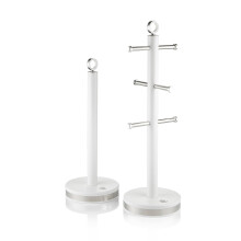 Swan Serenity Kitchen Towel Pole and 6 Cup Mug Tree Set with Smooth Matte Finish, Stainless Steel Accents and Non-Slip Bases, White, 13.5