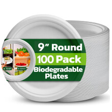 Ask Packaging 100% Compostable (9 Inch / 100-Pack) Heavy-Duty Eco-Friendly Disposable Bagasse Plates, Made of Natural Sugarcane Fibers ? 9"