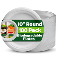 Ask Packaging 100% Compostable 10 Inch Heavy-Duty [100-Pack] Eco-Friendly Disposable White Bagasse Plate, Made of Natural Sugarcane Fibers - 10"