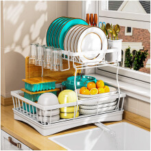 StowBin 2 Tier Dish Drainer Rack for Kitchen Counter - Space-Saving Dish Rack with Utensil Holder, Large Capacity Dish Drying Rack with Draining